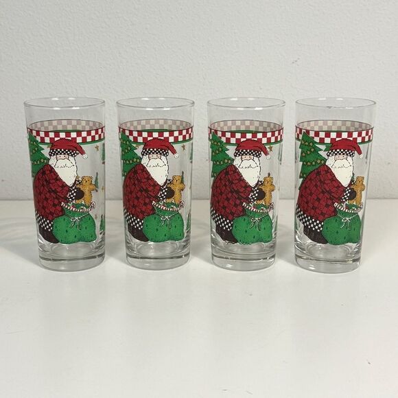 4 Vintage Debbie Mumm Woodland Santa Christmas Glass Cups - Picture 1 of 5